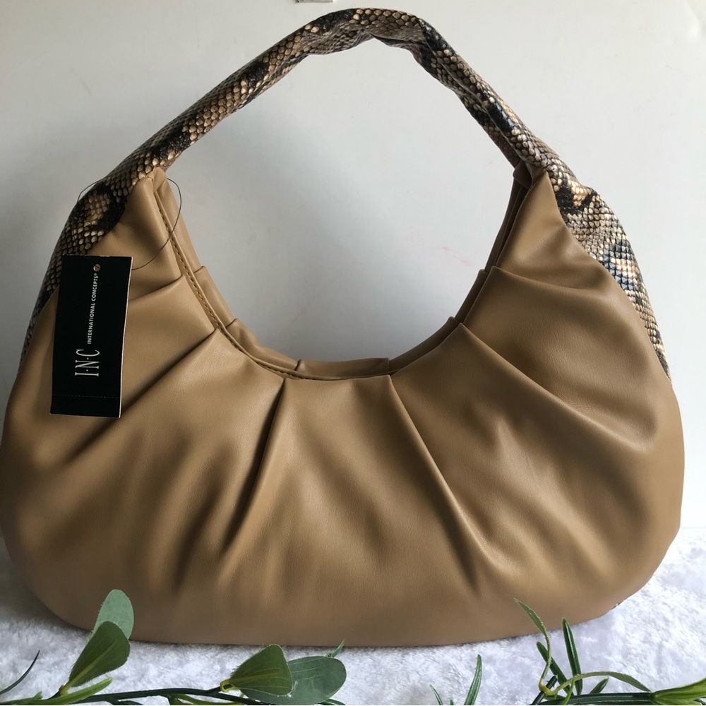 INC International Concepts KJ Wedge Hobo Shoulder Bag, Snake Trim Camel, NWT